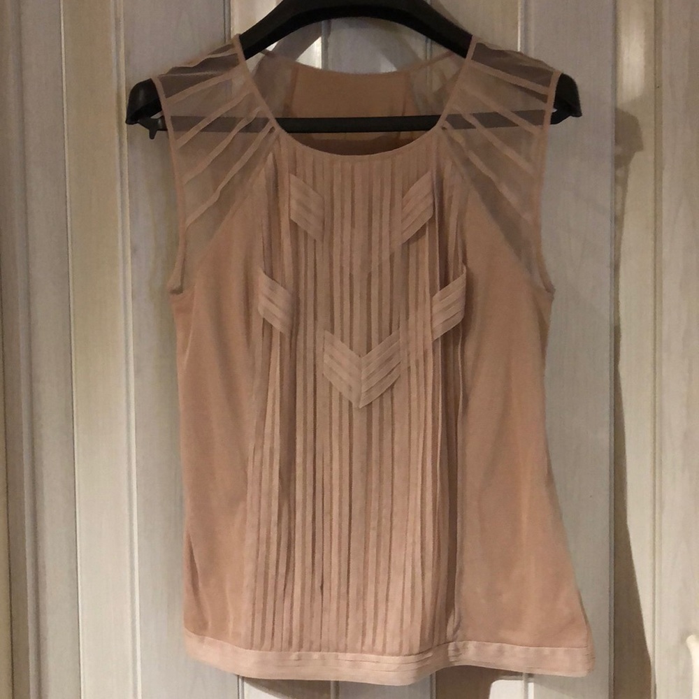 BCBG Beige Pleated Sheer Yoke Sleeveless Top